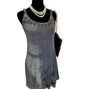 Raya Sun Palm Tree Crinkle Mini Dress Gray Whimsigoth Y2K Boho 90s Grunge